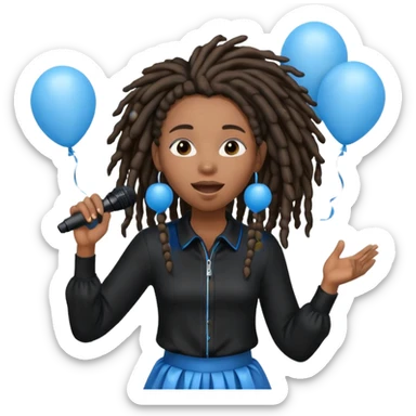 Black girl Stud with dreadlocks singing dressed in black 1,2,3 release em with white and blue balloons flying overhead emoji like with mic in hand  sticker