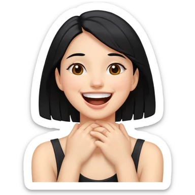 a girl with black hair with brown eyes and she has her hands around her neck while laughing sticker