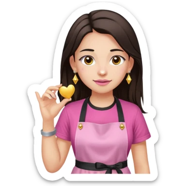 Fille cheveux long châtain foncé, peau beige type européen yeux marron, teeshirt rose avec un tablier noir, piercing au nez anneau doré, boucle d’oreille type diamant doré. Elle fait les ongles nail artiste sur le tablier écrire NIELART en rose  sticker