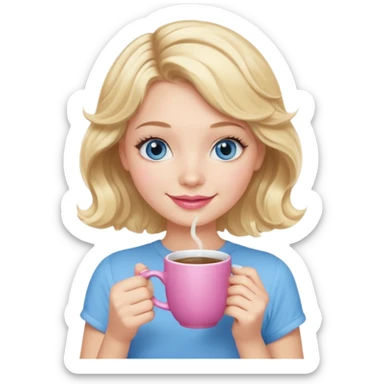 Girl Blonde short wavy hair,  blue eyes, cute blue top, long lashes, pink lips, holding hot white coffee mug sticker