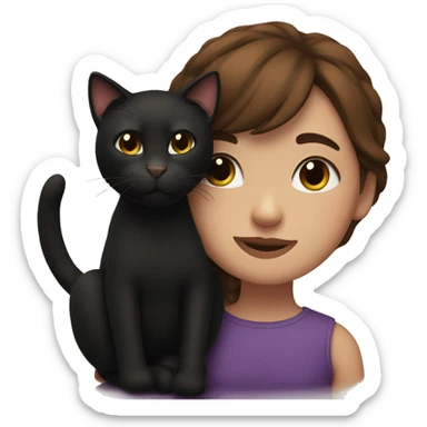 Girl with brown hair snuggles with here black cat sticker
