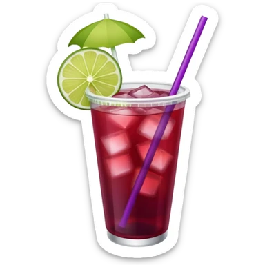 maroon purple cocktail with a lime wedge in the drink in a plastic cup with lid and straw  sticker