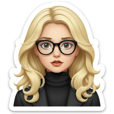 Nữ 25 tuổi, da trắng, tóc dài xoăn nhẹ màu vàng, đeo kính màu đen, lông mi dài, trang điểm khá đậm, áo khoác cổ cao màu đen, áo trong màu trắng, mặt ngầu, phong cách sành điệu sticker