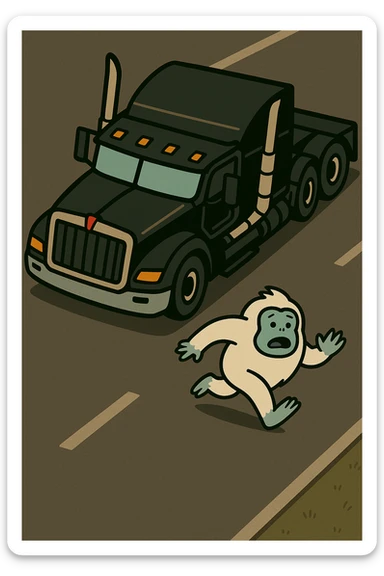 Place the tiny abominable snowman directly on a road in front of the black 2026 Kenworth W680 flat top semi sleeper, top-down cartoon style, no text, with a visible road background. sticker