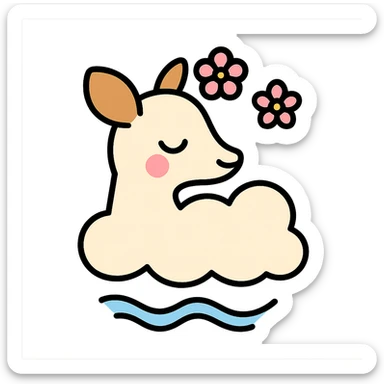 feminine adult vanilla cloud doe with rosy cheeks and cherry flowers, floating gracefully, minimalist style, brand identity, social media sticker