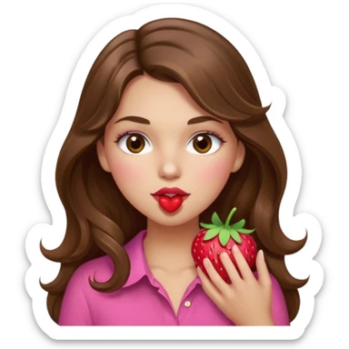 girl with long wavy brown hair, brown eyes, light to medium complexion, in a pink shirt, pink lips, long lashes, sexy , puckering lips kissing, blushing, eating a strawberry sexy sticker