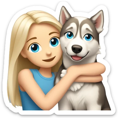 a girl with blue eyes and light-blond hair hugs a husky dog ​​with brown eyes sticker