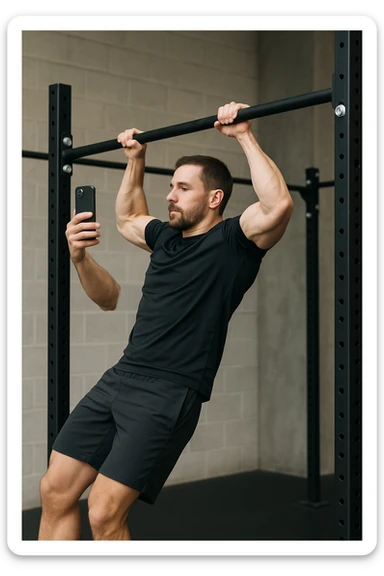 uomo che fa Muscle up e si sta filmando di lato con il telefonino che lo riprende mentre si allena, così da analizzarsi dopo sticker