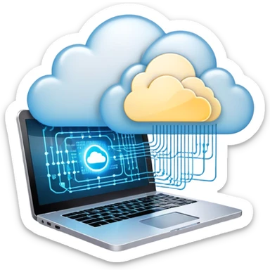 An icon featuring a glowing laptop, cloud network, and flowing binary code, symbolizing information technology. The design includes data servers, a circuit pattern, and digital connections, representing software, networking, and innovation. Transparent background  sticker