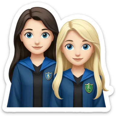 a pretty ravenclaw girl with long dark brown hair and blue eyes standing with a hot Slytherin girl with long blonde hair, blue eyes sticker