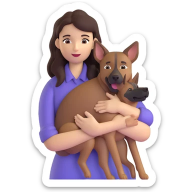 woman with long dark brown hair holding a Malinois dog in her arms sticker