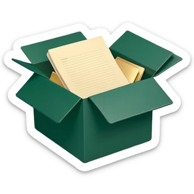 3D minimal open box with papers and documents floating out, matte finish, deep green (#0B3D2C) box, cream (#F5F5DC) papers, gold (#C9B037) subtle glow, Apple style, clean and premium, soft shadow, transparent background sticker