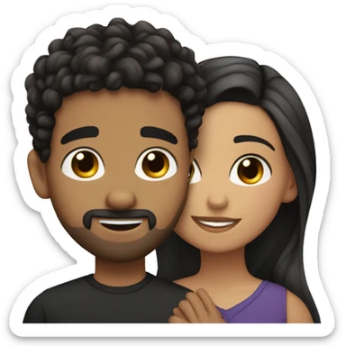 Hispanic girl with light skin, hazel eyes and black wavy hair side hugging Arab boy with medium curly hair and a small mustache and goatee sticker