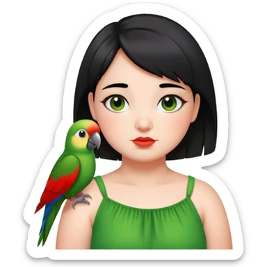 A chubby cheeks girl with short black hair with a green red lip parrot on her shoulder  sticker