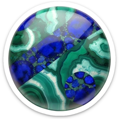 Round cabochon gemstone with blue azurite and green malachite mixed patterns and high polish sticker