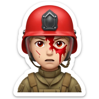 soldier with red skin tone, furious expression, blood splatter on left cheek sticker