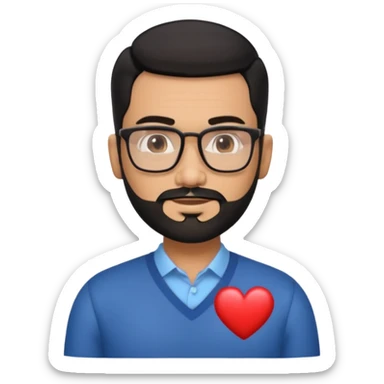 Attractive Hispanic TV host in his mid to late 40s with light brown skin, short straight black hair slicked back with fade on sides, heart handsome face with strong jawline, friendly approachable expression, black beard, wearing glasses sticker