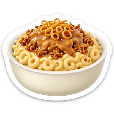 Bowl of Mac and cheese topped with chives, crispy onions, and pulled pork sticker