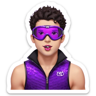 close-up of cool guy male athlete with white skin and moderately curly dark brown hair on top with shaved sides, with one purple ski goggle lens pushed up above his eyes on his forehead, sticking his tongue out of his mouth, a simple plain black chain necklace, and a completely unzipped sleeveless vest with purple and black sequin fire pattern design with no logo sticker