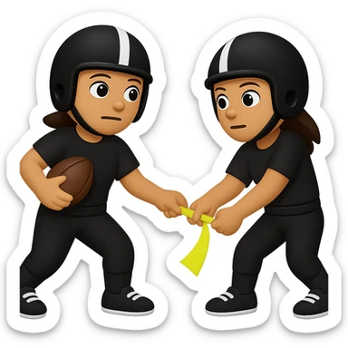 Create an emoji style image of a woman pulling a lemon lime flag from another player's belt. Both are wearing helmets and all black uniforms with white accents. The only flag belt is lemon lime color, no other flags. One football is present. Keep the background transparent. sticker