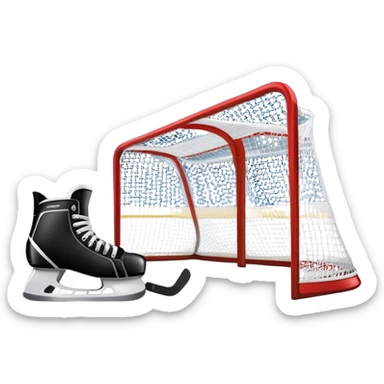 An icon showing a hockey stick, puck, skates, and goalposts on the ice. The background features a large hockey stadium with cheering fans, bright lights, and a snowy landscape visible through the arena. Transparent background highlights the main hockey equipment and atmosphere. sticker