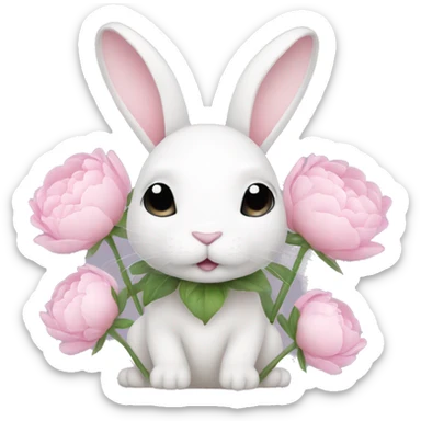 cute white bunny holding light pink peonies sticker