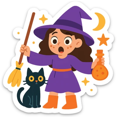 Make the brunette girl witch with a black cat look surprised, keep her whimsical and magical, vibrant toon style, no background. sticker
