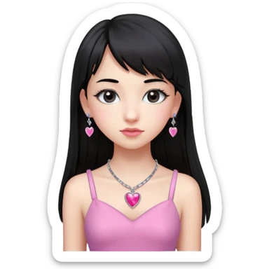 Cabelos pretos longos lisos ,com franja curvada .olhos pretos puxadinho para cima. Cílios longos curvados. Pele clara ,nariz pequeno ,lábios carnudos ,adolescente 16 anos ,vestido rosa de alça, colar de coração prata ,brinco de diamante sticker