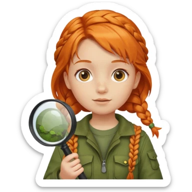 braid orange haired girl kid in moss green explorer outfit, holding magnifying glass sticker