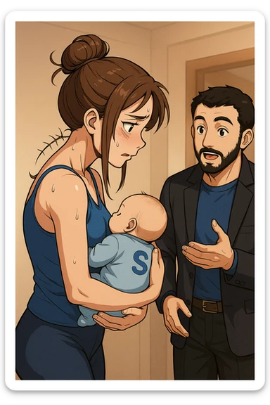 ispirati a questo stile di disegno e fai questa immagine in versione manga/webtoon a colori, il manga mostra la donna preoccupata di profilo con la postura sbagliata e incurvata, spalle chiuse e curve in avanti, con un neonato in braccio con una tutina azzurra e la scritta "S" sulla schiena, spina dorsale storta della donna in evidenza mentre ascolta l'uomo mentre l'uomo gli sta spiegando una cosa, ma non fare i fumetti, fai come se stessero parlando sticker