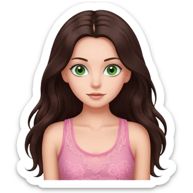 super long haired brunette with middle part cute pink lacy tank white but tan green eyes hairflup sticker