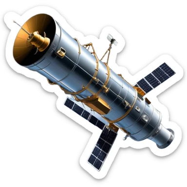 cinematic-realistic-hubble-space-telescope-emoji, an awe-inspiring, ultra-detailed depiction of the Hubble Space Telescope floating in space, its large, reflective metallic surface gleaming against the backdrop of the infinite blackness. The telescope's vast solar panels extend outwards, catching the light from distant stars, while its intricate, cylindrical body showcases advanced, precise engineering. The telescope's large, hexagonal lens is pointed towards the cosmos, surrounded by mechanical components, wires, and sensors. The detailed textures of the telescope’s metallic exterior, the shiny reflective coating, and the intricate grid-like solar panels are sharply contrasted against the void of space, with distant stars and nebulae faintly visible in the background, adding to the sense of scale and technological marvel; rendered with extreme realism and attention to detail. sticker