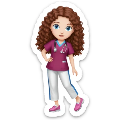 Nurse with long brown curly hair and blue eyes, burgundy tunic, white pants, pink shoes sticker