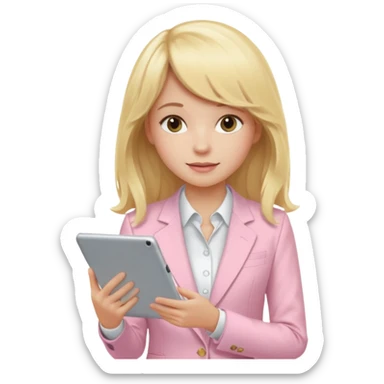 Long blonde wavy hair girl with a strait fringe and using a light pink suit working in a tablet sticker