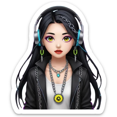  korean-techno-dj-girl,-wearing-a-stylish-edgy-outfit-with-metallic-chains,-long-black-hair,-performing-in-a-neon-lit-underground-club,-cyberpunk-aesthetic,-high-detail-3d-emoji-style,-energetic-and sticker