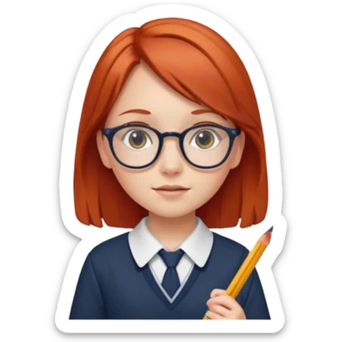red long hair girl kid with glasses → holding a pencil with school uniform sticker