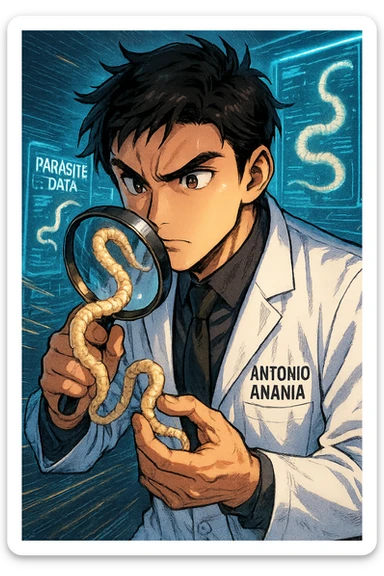 A dynamic manga/webtoon-style illustration of a young male kinesiologist wearing a clean white lab coat, analyzing light beige worms like a tapeworm under a magnifying glass. His expression is focused and slightly intrigued, with sharp, detailed eyes. The art style is vibrant, with bold linework, rich colors, and dramatic lighting. The background is a futuristic laboratory with glowing holographic screens displaying parasite data. The tapeworm is intricately drawn, slimy and segmented, with a slightly exaggerated yet realistic texture. The composition is dynamic, with motion lines or energy effects to emphasize his scientific investigation. The atmosphere is intense but not dark, keeping a balance between scientific seriousness and stylish manga aesthetics, he has "ANTONIO ANANIA" WRITTEN ON WHITE LAB COAT sticker