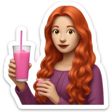 long haired redhead woman drinking a pink drink sticker