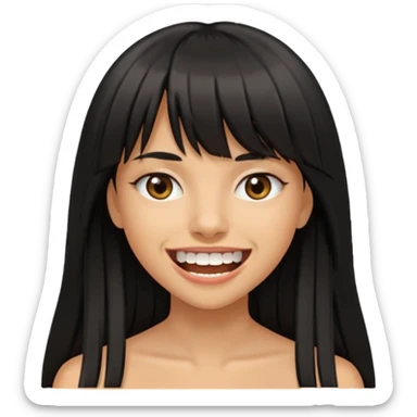Woman a little tan with long black hairs and bangs, appearing teeth sticker