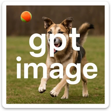  logo with text "gpt image" on the background of a dog chasing ball, realistic image sticker