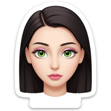 Front-facing portrait of a young woman with fair glowing skin, symmetrical features, light green almond-shaped eyes, long lashes, soft arched brows, straight refined nose, and full natural pink lips. Dark sleek hair pulled back with a middle part.  sticker