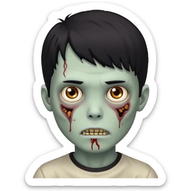 Garoto zombie, de cabelo preto, olhos castanhos claros, cabelo um pouco cacheado com franja sticker