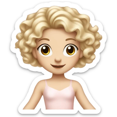 little girl with pale skin curly blonde hair and brown eyes wearing a light pink ballet outfit dancing sticker
