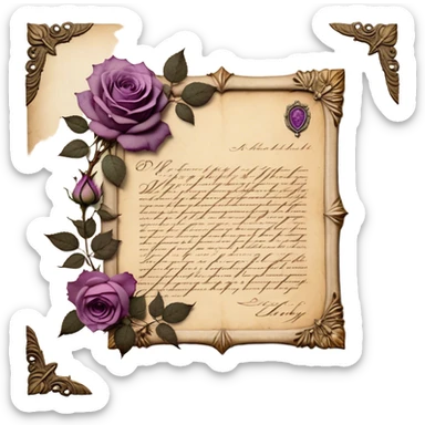 An antique handwritten letter on aged parchment, delicately adorned with dried light mauve roses, their petals slightly curled with time, resting beside it. A deep tyrian purple wax seal, intricately stamped with an ornate crest, secures the letter, evoking a vintage aesthetic of romance and mystery. The soft glow of candlelight casts gentle shadows, enhancing the nostalgic charm of the scene. sticker