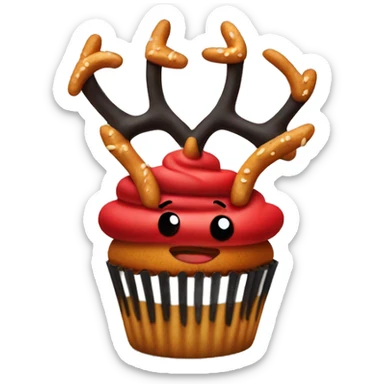 One black and red cupcake with pretzel antlers at the top sticker