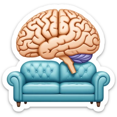 An icon featuring a brain, a couch, and a psychological test, symbolizing the study of psychology. The design includes abstract patterns representing the mind, with a calm, therapeutic setting in the background. Transparent background highlights the exploration of human behavior and mental health. sticker