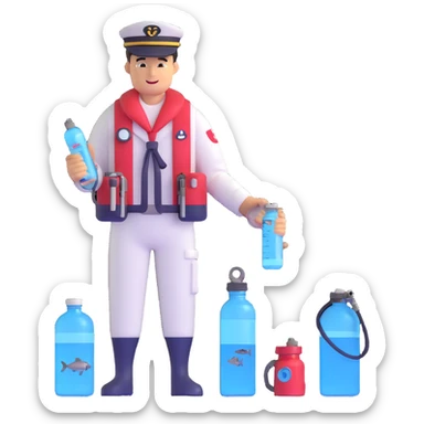 Oceanologist sailor from Vladivostok with scientific instruments, CTD sensor, water sampling bottles, and marine life sticker