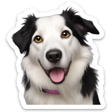 white and black dog with dark eyes happy  short hair mixed breed as border collie 2 years old with sticker