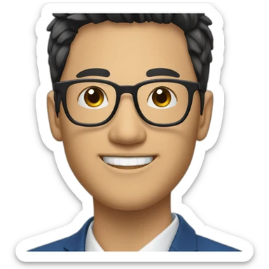 Young Business man with Black hair and round Glases, smiling, asian, blaue suit, without tie sticker