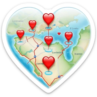 Translucent ethereal map with actual cartographic details, red heart markers for relationships and different colored pins for various emotional experiences sticker